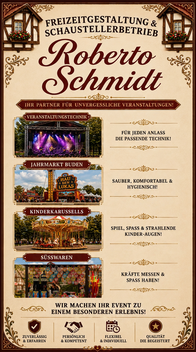 Plakat: Freizeitgestaltung & Schaustellerbetrieb Roberto Schmidt – Veranstaltungs-Technik, Jahrmarkt Buden, Kinderkarussells und Süßwaren