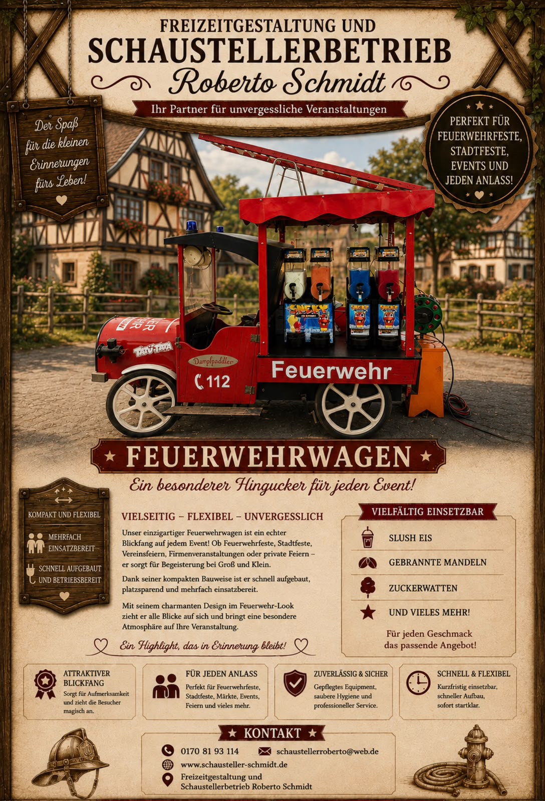 Plakat: Feuerwehrwagen – Slush Eis, gebrannte Mandeln, Zuckerwatten und mehr