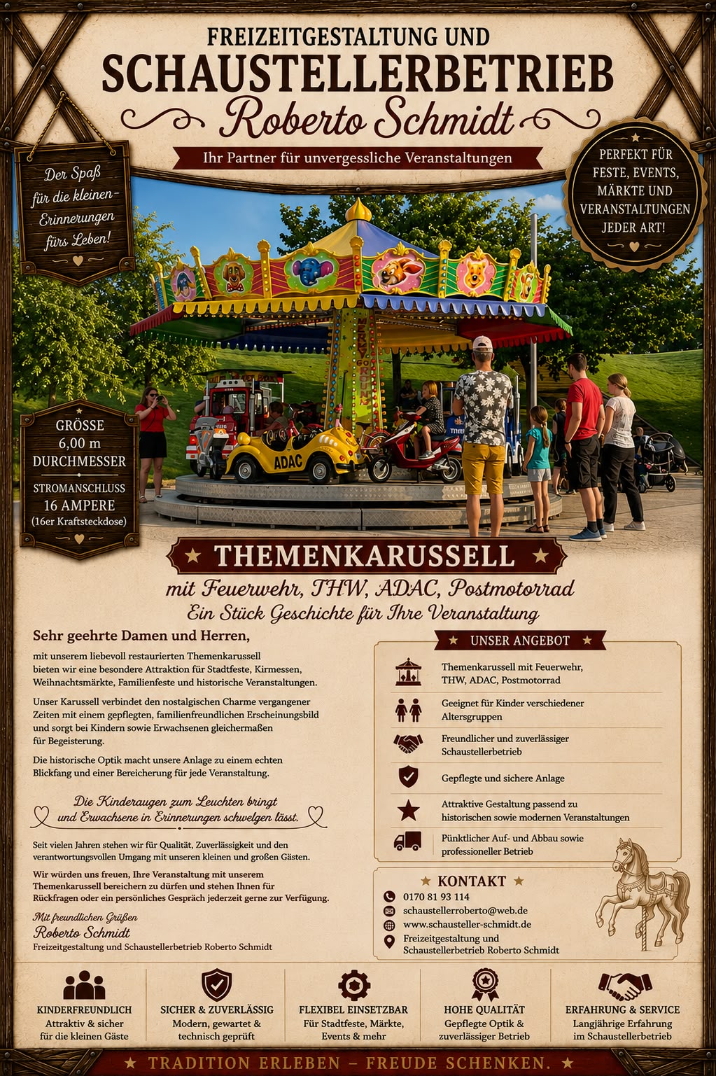 Plakat: Themenkarussell mit Feuerwehr, THW, ADAC und Postmotorrad