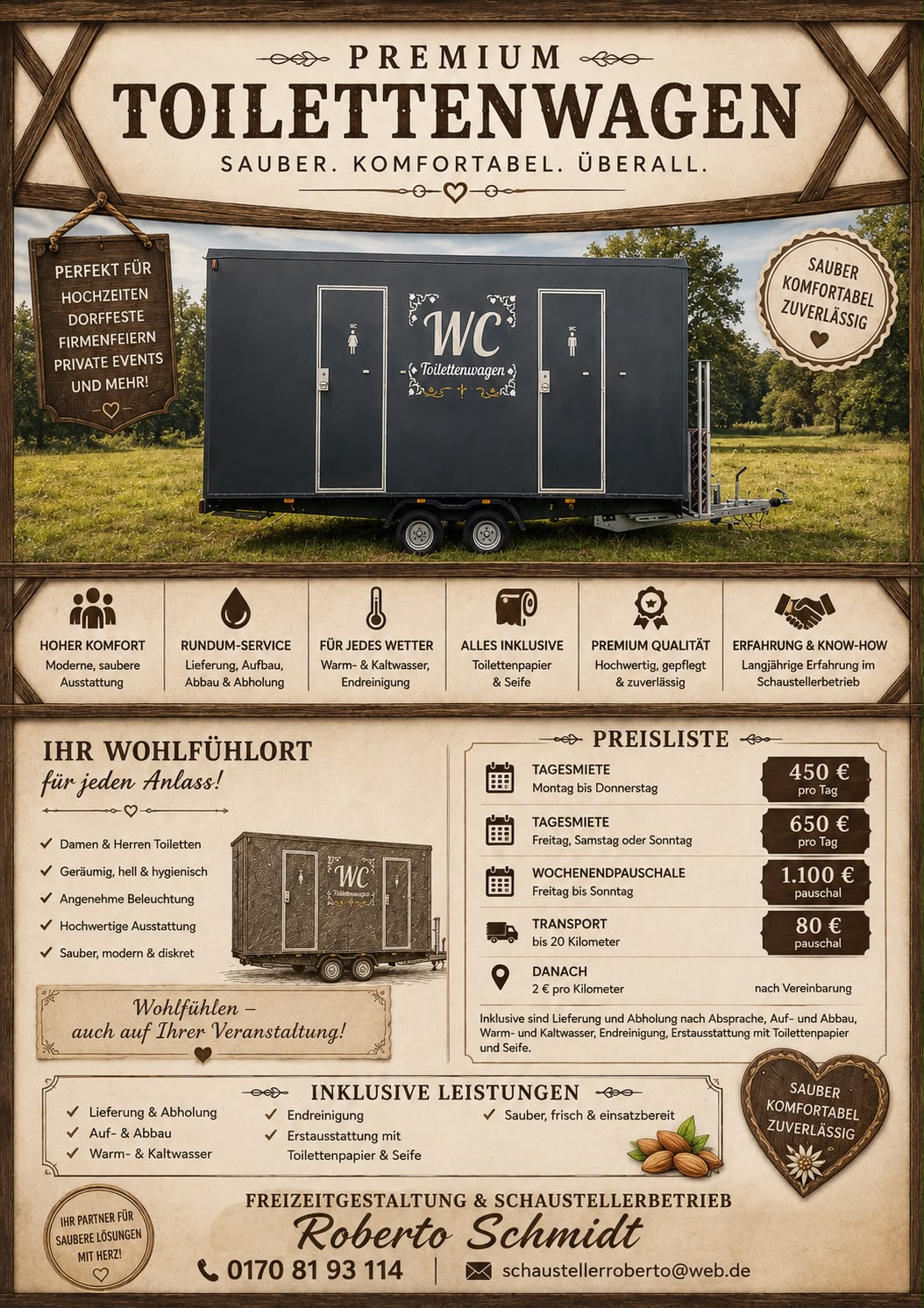 Plakat: Premium Toilettenwagen – sauber, komfortabel, überall