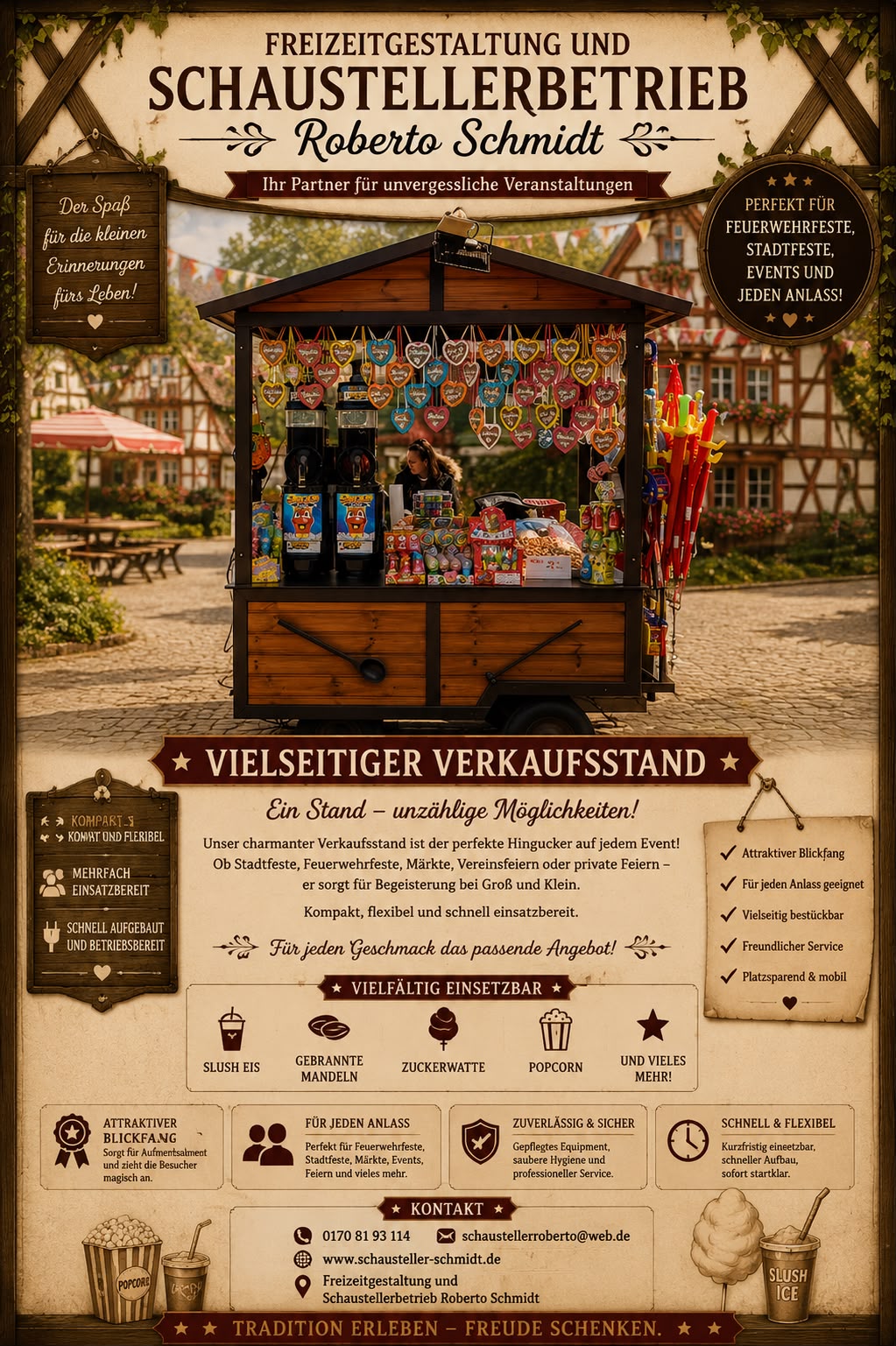 Plakat: Vielseitiger Verkaufsstand – Slush Eis, gebrannte Mandeln, Zuckerwatte, Popcorn und mehr
